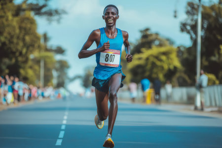 Marathon runner is sprinting towards the finish line, displaying determination and the joy of victoryの素材