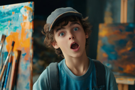 Young painter with backpack and baseball cap looking surprised in his art studio, with canvas and paintbrushesの素材
