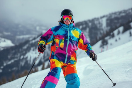 Smiling skier wearing colorful snow jacket and ski goggles posing on a mountain slope holding ski polesの素材