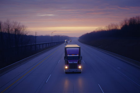 Purple semi truck cruising along the highway at dawn, transporting goods across the country and contributing to the logistics industryの素材