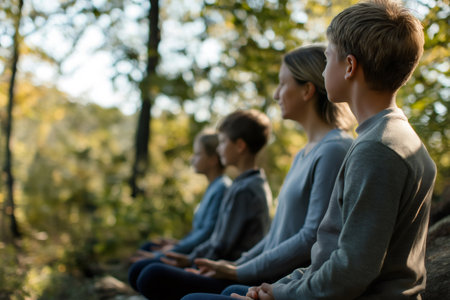 Family meditating together in the forest, enjoying mindful silence and connection with natureの素材