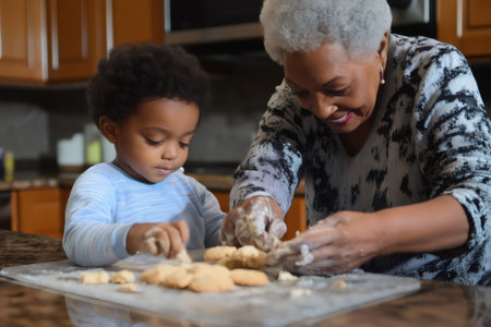 Grandmother and grandson making cookies together in the kitchen, sharing a special moment and learning valuable skillsの素材