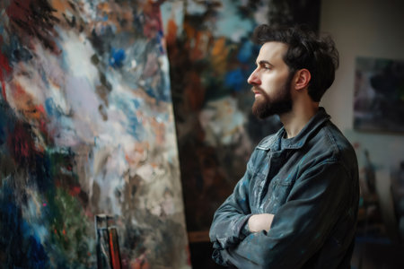 Thoughtful artist analyzing his painting in a creative studio, contemplating his next brushstrokeの素材