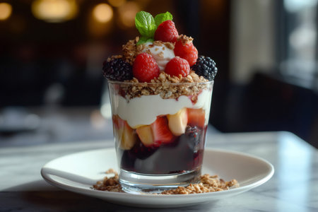 Colorful and healthy fruit parfait is presented, featuring layers of yogurt, granola, and fresh berries, creating a visually appealing and nutritious treatの素材