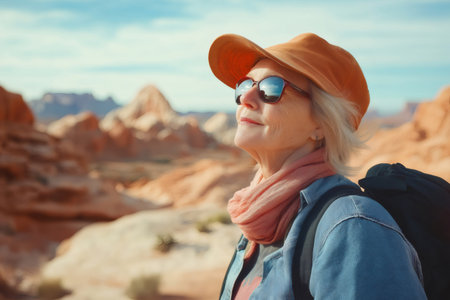 Retired woman enjoying the view of the sandstone formations at Valley of Fire State Park in Nevada, wearing sunglasses, hat and backpackの素材