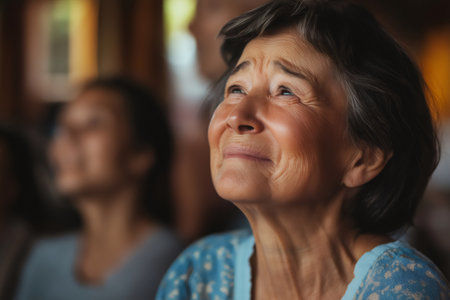 Retired woman experiencing an emotional moment, shedding tears of joy during a heartfelt family reunion, surrounded by loved onesの素材