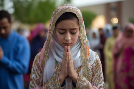 Muslim girl praying with hands together during Eid celebration, surrounded by community members in traditional attireの素材