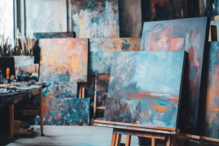 Colorful abstract paintings resting on wooden easels in a messy artist's studio, showcasing creative inspiration and artistic processの素材