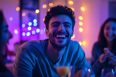 Young man laughing while playing video games with friends at a house party, enjoying drinks and snacks in a colorful, festive atmosphereの素材