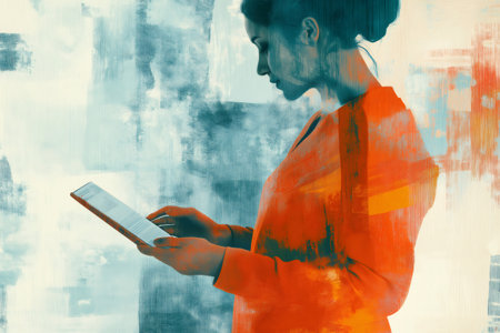 Side profile of a professional woman examining presentation slides on a tablet, set against an abstract background with vibrant colorsの素材