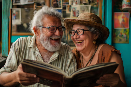 Elderly couple sharing joyful moments, reading a book together and laughing, embodying love and connection in their cozy homeの素材
