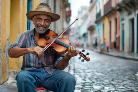 Cheerful musician plays the violin while sitting on a cobblestone street in a colorful, historic neighborhood, creating a vibrant atmosphereの素材