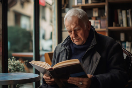 Elderly man enjoying a self help book in a warm and inviting cafe setting, finding solace and knowledgeの素材