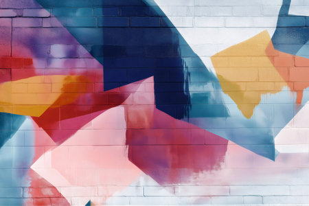 Dynamic watercolor inspired digital abstraction featuring bold geometric shapes and vivid colors on a textured brick wall backgroundの素材