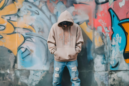 Stylish teenager with hoodie and ripped jeans standing in front of a colorful graffiti wall, showcasing urban fashion and youth cultureの素材