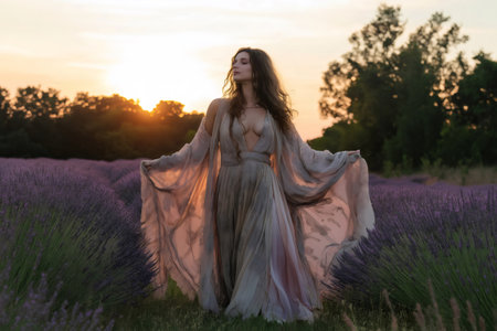 Woman in an ethereal dress stands gracefully in a lavender field, surrounded by vibrant purple blossoms and a warm, glowing sunsetの素材