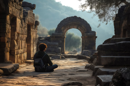 Tourist sitting and enjoying the view of ancient ruins of Alinda, an ancient city in Caria, located in present day Turkeyの素材