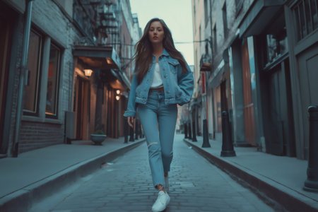 Fashionable young woman in a denim jacket and sneakers walking confidently down a narrow urban alley. Evening lights create a moody atmosphereの素材