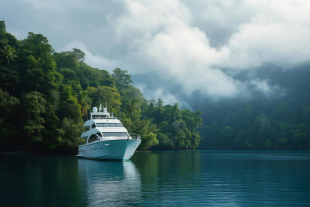 White yacht anchored near a green tropical island with lush vegetation and clouds covering the mountain peaksの素材