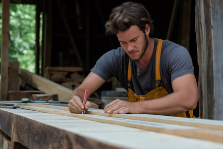 Focused woodworker carefully measuring and marking wooden planks in a workshop setting, showcasing precision and craftsmanship in woodworkingの素材