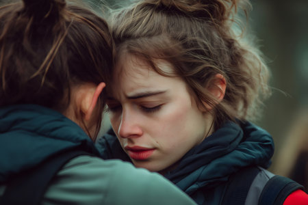 Young athlete receiving comfort and support from her teammate after a difficult competition, showing empathy and sportsmanshipの素材
