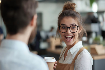 Woman with glasses smiling brightly as a colleague brings her coffee in a modern office setting, expressing surprise and delightの素材