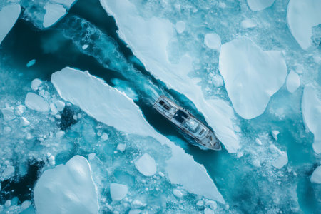 Icebreaker ship cutting through frozen Arctic waters, creating a path through the ice floesの素材