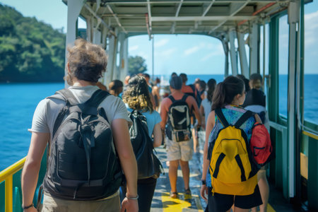 Tourists with backpacks boarding a ferry to explore nearby islands, enjoying summer vacation and travelの素材