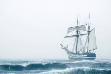 Old sailing ship navigating through a stormy sea enveloped in fog, creating a dramatic and evocative scene of maritime adventureの素材