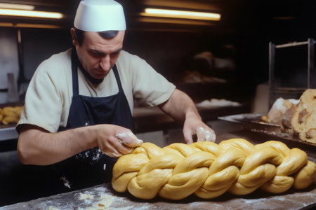 Baker expertly shaping dough for a braided challah bread in a professional kitchen, showcasing traditional bread making techniquesの素材