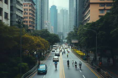 Cyclists riding bicycles on a dedicated bike lane in Hong Kong, promoting sustainable transportation and eco friendly commutingの素材