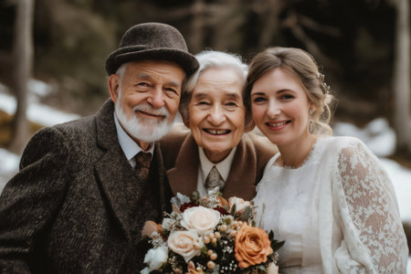 Bride smiling joyfully with her grandparents while posing for a memorable portrait on a beautiful winter wedding day in the forestの素材