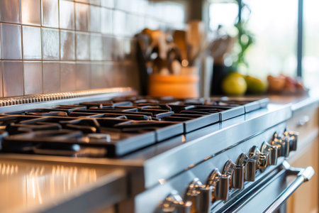 Close up of a stainless steel gas stovetop featuring multiple burners and chrome knobs, reflecting the ambient light of a contemporary kitchenの素材