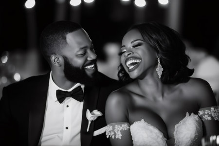 Black and white photo of a bride and groom laughing together during their wedding receptionの素材