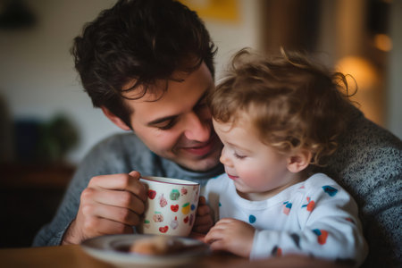 Parent and child joyfully decorating a handmade ceramic mug with colorful designs, sharing a creative bonding moment at homeの素材