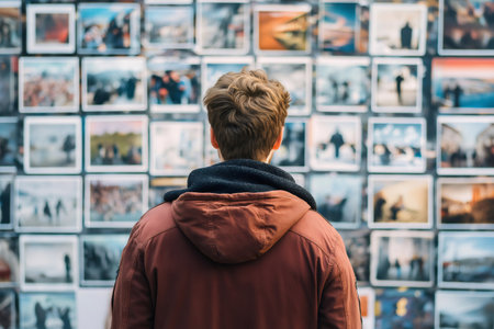Young photographer admiring his collection of small prints displayed on the wall, feeling a sense of pride and satisfaction in his artistic achievementsの素材