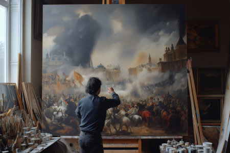 Painter skillfully recreating a dramatic historical battle on a large canvas, surrounded by art supplies in a well lit studioの素材