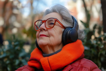 Senior woman wearing wireless headphones enjoying music while relaxing in a park, embracing technology and leisure in retirementの素材
