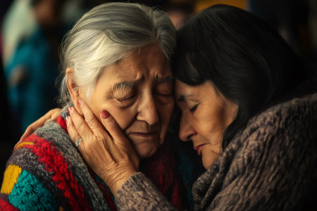 Daughter embracing her sad mother with closed eyes, radiating compassion and empathy, creating a deep emotional connectionの素材