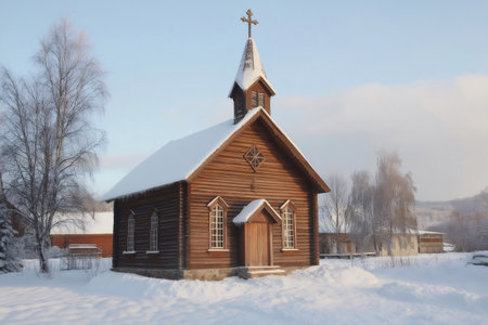 Picturesque wooden chapel stands amidst a snowy landscape, bathed in the warm glow of winter sunlightの素材