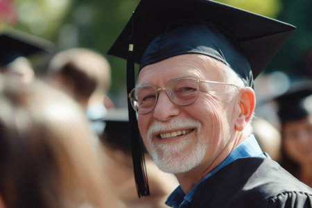 Happy elderly man wearing a graduation gown, smiling proudly during his graduation ceremony, celebrating a significant academic achievementの素材