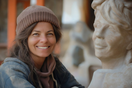 Sculptor beams with satisfaction while skillfully shaping a clay bust, showcasing creativity and craftsmanship in an artistic settingの素材