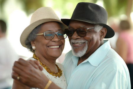 Elderly African American couple wearing hats enjoying dancing together at an outdoor community eventの素材