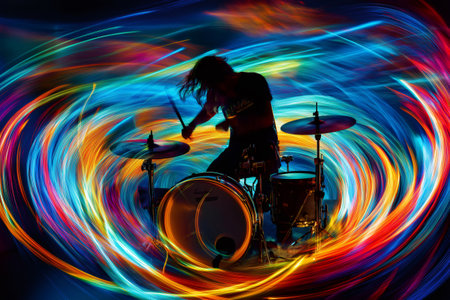 Silhouette of a drummer energetically playing drums with swirling colorful lights in a long exposure photographの素材