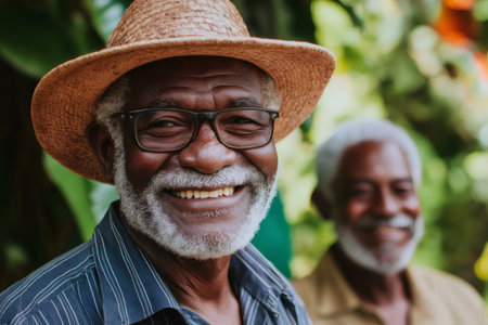 Senior man wearing a straw hat smiles warmly while reuniting with an old friend in a lush, green outdoor setting, conveying happiness and nostalgiaの素材