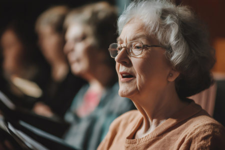 Senior woman singing joyfully during choir practice, immersed in music and surrounded by a supportive community of fellow vocalistsの素材