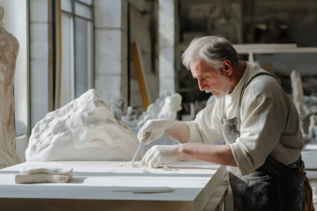 Senior sculptor working on a marble sculpture in his workshop, using a chisel and wearing glovesの素材