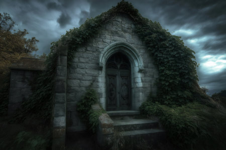 Creepy overgrown abandoned stone church with weathered wooden door and dramatic cloudy sky evokes mystery and fearの素材