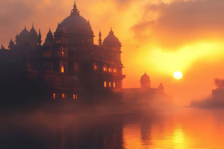 Majestic Hindu temple by the Ganges river at sunrise, with birds flying and warm, misty atmosphereの素材