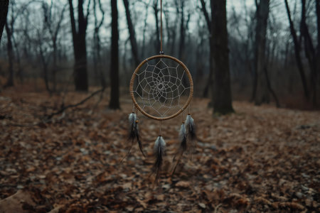 Dreamcatcher hangs in a serene autumn forest, swaying gently among bare trees and fallen leaves, creating a peaceful and mystical atmosphereの素材